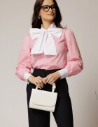  Bluza alba cu dungi roz din poplin cu esarfa tip funda la gat