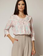  Bluza alba cu imprimeuri roz cu nasturi decorativi si guler rotund incretit