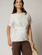  Bluza alba din viscoza cu nod in talie si croi lejer si maneci scurte