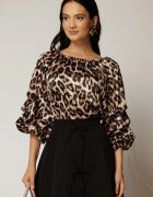  Bluza animal print din satin cu maneci bufante si decolteu rotund