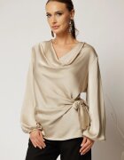  Bluza bej din satin cu croi lejer si nod in talie