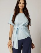  Bluza bleu din viscoza cu nod in talie si croi lejer si maneci scurte