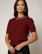  Bluza bordo din tricot cu manecile scurte si aplicatie la decolteu