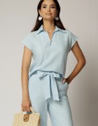  Bluza casual bleu din rayon cu croi lejer si decolteu