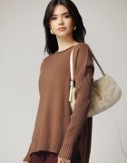 Bluza casual din tricot maro cu maneci reiate