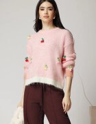  Bluza casual din tricot roz cu cirese crosetate