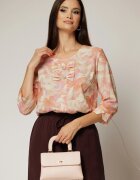  Bluza cu imprimeuri galbene si orange cu funde la decolteu si nasturi decorativi