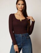  Bluza din bumbac mov pruna cu maneci lungi croi mulat si V metalic la decolteu