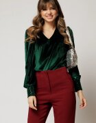  Bluza DY Fashion din catifea verde cu mansete din paiete si decolteu in V