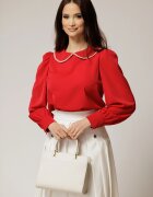 Bluza DY Fashion eleganta din triplu voal rosie cu detalii perlate la guler