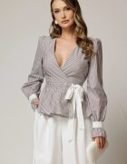  Bluza DY Fashion gri in dungi din poplin cu decolteu petrecut si maneci evazate