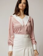  Bluza DY Fashion roz cu buline cu gulerul ascutit din satin