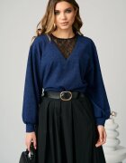  Bluza DY Fashion smart-casual din jerse bleumarin cu insertie din dantela