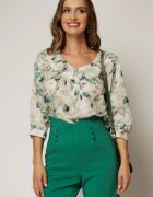  Bluza ivoire cu imprimeu turcoaz cu volanas la bust