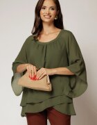  Bluza kaki cu fir lurex discret din voal cu volane suprapuse