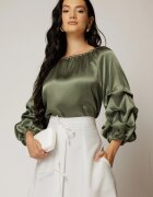  Bluza kaki din satin cu maneci bufante si decolteu rotund