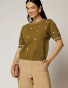  Bluza kaki din tricot cu flori roz tricotate