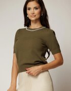  Bluza kaki din tricot cu manecile scurte si aplicatie la decolteu