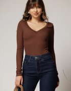  Bluza maro din viscoza cu decolteu V si dantela