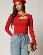  Bluza rosie casual cu decolteu decupat si accesoriu