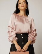  Bluza roz din satin cu maneci bufante si decolteu rotund