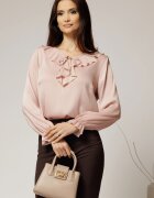  Bluza roz eleganta cu volanase si snur la decolteu