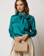  Bluza turcoaz din satin eleganta cu funda la decolteu