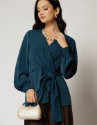  Bluza turcoaz eleganta cu decolteu petrecut si nod in talie
