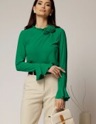  Bluza verde din voal plin cu detaliu floral la guler si gulerul incretit