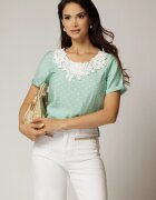  Bluza verde menta cu buline din rayon si broderie la decolteu