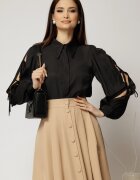  Camasa DY Fashion neagra cu funde pe maneci cu adaos de rayon