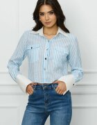 Camasa DY Fashion scurta alba cu dungi bleu si mansete albe