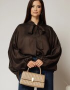  Camasa maro intens din tencel cu maneca ampla si guler tip esarfa