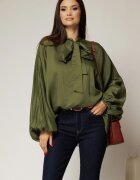  Camasa verde olive din tencel cu maneca ampla si guler tip esarfa