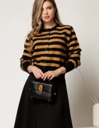  Cardigan scurt casual din tricot maro cu dungi negre si nasturi
