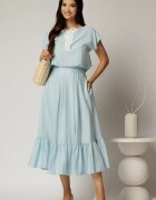  Compleu bleu de vara din rayon din fusta si bluza cu aplicatie pe bust