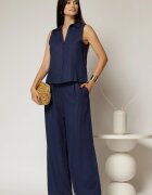  Compleu bleumarin din in cu vesta si pantaloni evazati