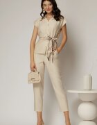  Compleu dama din viscoza bej cu pantalon si camasa cu funda in talie