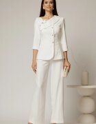  Compleu DY Fashion alb din sacou cu funda si nasturi perla si pantaloni