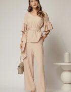  Compleu DY Fashion bej de zi din bluza si pantalon cu adaos de viscoza si croi lejer