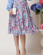  Fusta DY Fashion midi vaporoasa din voal bleu cu flori roz