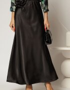  Fusta lunga neagra din satin cu cordon floral voluminos