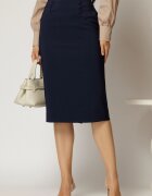  Fusta midi bleumarin office cu nasturi pe talie