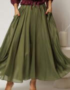  Fusta midi verde olive clos din tencel casual eleganta