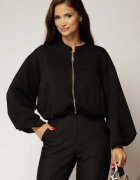  Geaca neagra tip bomber din jerse cu buzunare si inchidere cu fermoar