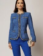  Jacheta DY Fashion din tweed albastru cu pasmanterie in contrast