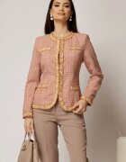  Jacheta DY Fashion din tweed roz somon cu pasmanterie in contrast