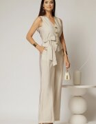  Pantaloni bej cu dungi din rayon cu croi lejer si cordon in talie