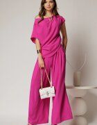  Pantaloni fucsia din triplu voal cu pliuri si croi lejer