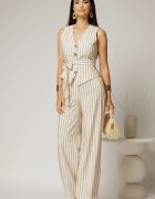  Pantaloni ivoar cu dungi din rayon cu croi lejer si cordon in talie